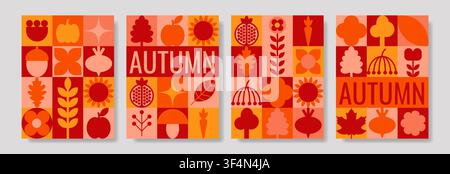 Ensemble de quatre affiches verticales chaudes d'automne avec une mise en page géométrique midcentury, représentant des icônes de récolte automnale comme la citrouille, la pomme, le champignon, le gland, le tournesol Illustration de Vecteur