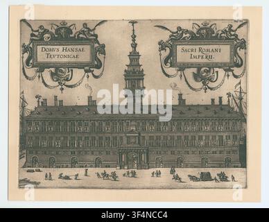 Het Oostershuis ou Hanzehuis à Anvers, une gravure de 1581 par Pieter van der Borcht, un graveur néerlandais, tirée des Origines Antverpiensium de Carolus Scribani, publiée en 1610. Banque D'Images