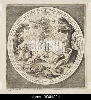 Dieu créant l'homme, une gravure sur cuivre de Nicolaes de Bruyn, conçue par Maerten de Vos et publiée par Assuerus van Londerseel, tirée de la série 'La Création de la Terre', datée entre 1601 et 1656. Banque D'Images