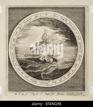 Dieu crée la terre, une gravure de Nicolaes de Bruyn, conçue par Maerten de Vos et publiée par Assuerus van Londerseel, tirée de la série 'La Création de la Terre', XVIIe siècle. Banque D'Images