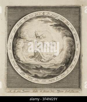 Dieu créant l'air et les étoiles, une gravure à l'eau-forte de Nicolaes de Bruyn, conçue par Maerten de Vos et publiée par Assuerus van Londerseel, tirée de la série 'La Création de la Terre', XVIIe siècle. Banque D'Images