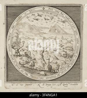 Dieu créant les animaux, une gravure du XVIIe siècle par Nicolaes de Bruyn, conçue par Maerten de Vos et publiée par Assuerus van Londerseel, tirée de la série 'La Création de la Terre'. Banque D'Images