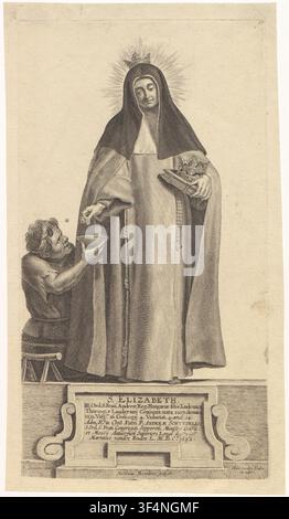 Sainte Élisabeth de Hongrie, représentée en franciscaine, portant une couronne et tenant deux autres ainsi qu’un livre dans sa main gauche, donnant l’aumône à un infirme, dans une gravure du XVIIe siècle par Mattheus Borrekens, conçue par Erasmus Quellinus II, et publiée. Banque D'Images