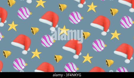 Chapeaux du Père Noël cloches dorées étoiles et ornements de Noël motif sans couture sur fond gris bleu Banque D'Images