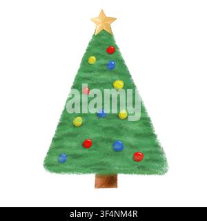 Arbre de Noël stylisé en dessin animé décoré de boules ornementales colorées et d'une étoile dorée sur fond blanc Banque D'Images