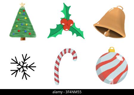 Collection de six éléments et décorations de Noël stylisés et plats Banque D'Images