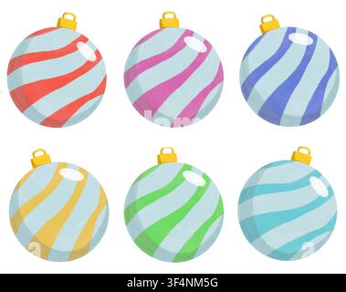 Collection d'ornements de boules de Noël pastel colorés avec des rayures diagonales isolées sur fond blanc Banque D'Images