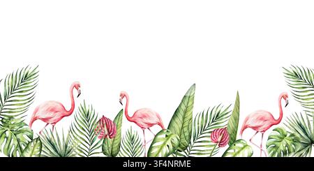 Cadre feuille de Monstera, oiseau flamant rose, Strelitzia et fleurs d'anthurium rouges, modèle. Logo palmier dessiné à la main à l'aquarelle, tons verts vibrants. Isolé Banque D'Images