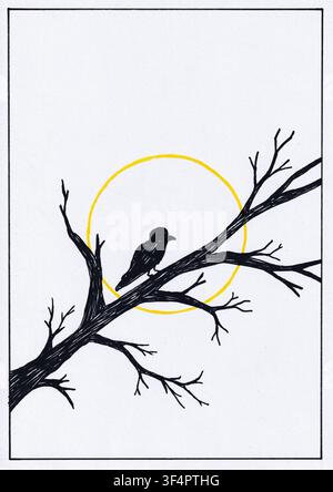 Dessin à la main d'une silhouette d'oiseau sur une branche d'arbre en art linéaire minimaliste avec un soleil rayonnant créant un cadre naturel paisible. Banque D'Images