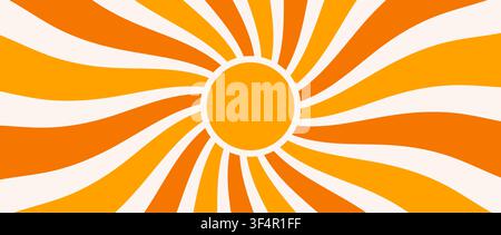 Arrière-plan groovy boho en forme d'éclat solaire. Fond rétro rayonnant en forme de soleil. Papier peint abstrait à rayons ondulés d'été. Motif soleil en cercle jaune orange pour poster créatif, bannière vibrante, flyer tendance. Vecteur Illustration de Vecteur