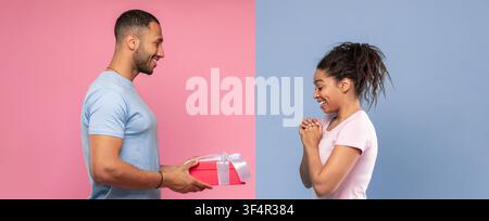 Jeune femme afro-américaine recevant avec enthousiasme un cadeau d'un homme, souriante, émotion joyeuse Banque D'Images
