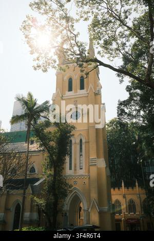 Le clocher néogothique historique peint en jaune de la cathédrale St. John's se dresse parmi des arbres verdoyants à Central, sur l'île de Hong Kong. Banque D'Images