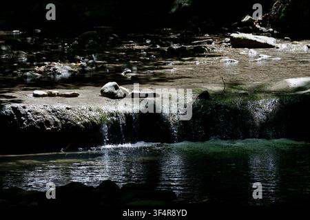 Sanctuaire de la Fontaine Bénie. Le ruisseau du Creux des Moulins, avec une petite cascade d'eau claire qui dévale les rochers. Banque D'Images