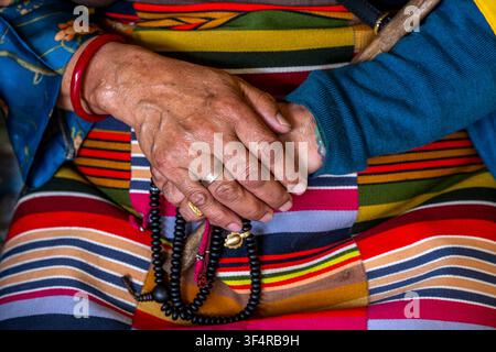 Dharamsala, Himachal Pradesh, Inde. Les mains d'une femme tenant un mala, vêtue de vêtements traditionnels colorés à rayures Banque D'Images