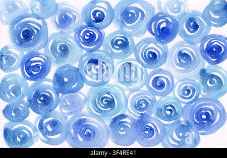 Motif sans couture en aquarelle de fleurs spirales bleues rappelant des roses. Texture peinte à la main parfaite pour les invitations de mariage, les impressions textiles, les emballages. Différentes nuances de bleu. Fond blanc. Banque D'Images