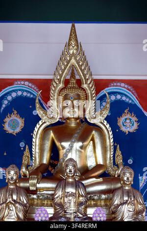 Temple chinois Viharn Sien. La flamme dorée, le diadème pointu et le mudra témoin de la terre : l'image canonique du Bouddha dans la tradition thaïlandaise. Banque D'Images