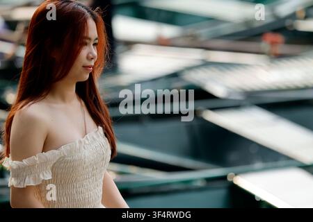 Hoa Lu, Vietnam. Portrait d'une jeune femme vietnamienne. La lumière naturelle met en valeur son profil. Banque D'Images