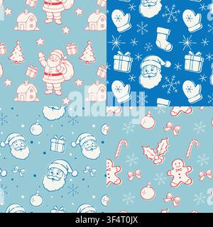 Collection de quatre motifs de Noël sans couture mettant en scène le Père Noël, des boîtes cadeaux, des maisons enneigées, des sapins de Noël, des gants, des bas, des biscuits de Noël Illustration de Vecteur