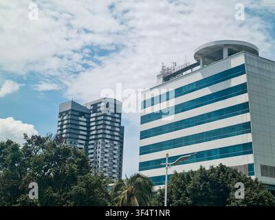 Vue en contre-plongée d'une architecture urbaine contemporaine mettant en scène des tours en verre et une végétation luxuriante sur fond de ciel lumineux, représentant les affaires modernes Banque D'Images
