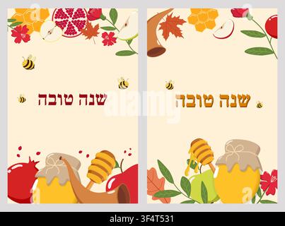 Deux cartes de vœux Rosh Hashanah avec texte hébreu Shanah Tovah, pots de miel, pommes, grenades, abeilles, shofar Banque D'Images