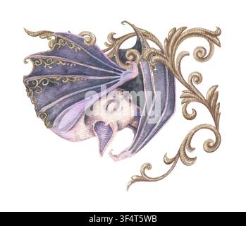 Chouette chauve-souris endormie avec ornement en filigrane doré. Chauve-souris violette aquarellée dessinée à la main avec volute baroque dorée et filigrane rococo. Graphique victorien pour carte d’Halloween. Bordure décorative gothique. Banque D'Images