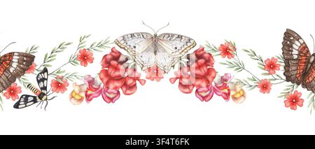 Illustration aquarellée de bordure sans couture avec papillons d'été et fleurs. Paon blanc et papillon dessinés à la main avec antirrime au style botanique. Design floral pour carte de vœux. Modèle répétitif tropical. Banque D'Images