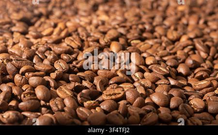 Un gros plan extrême de grains de café torréfiés révèle la texture de surface détaillée de chaque grain. Le cliché macro montre les riches tons bruns et la nature c Banque D'Images