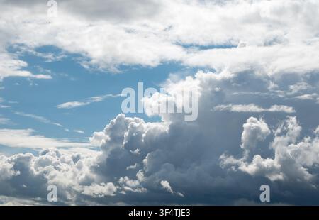 Un gros plan d'un nuage cumulus blanc éclatant brillant sous un soleil éclatant contre un ciel bleu profond. Les contours nets et les ombres profondes donnent une dimension tridimensionnelle Banque D'Images