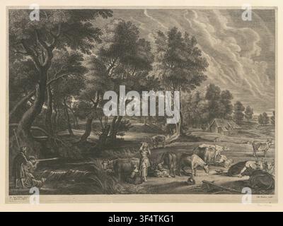 Une gravure de paysage du XVIIe siècle avec une forêt et une rivière, conçue par Peter Paul Rubens, un peintre et artiste flamand, et gravée par Schelte Adamsz. Bolswert, représentant douze vaches et quatre laitières au premier plan, ainsi que deux chasseurs de canards et un chien. Banque D'Images