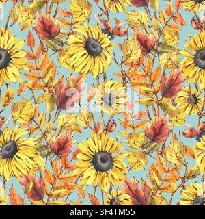 Motif sans couture aquarellé avec tournesols, feuilles d'automne colorées et coccinelle. Illustration botanique dessinée à la main d'éléments de la nature automnale. Textile Banque D'Images