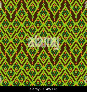 Motif ethnique géométrique sans couture. Ornement en mosaïque. Motifs vert-orange sur fond brun foncé Illustration de Vecteur