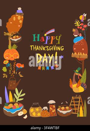 Cadre mignon de Thanksgiving composé de dindes drôles et de récolte Illustration de Vecteur