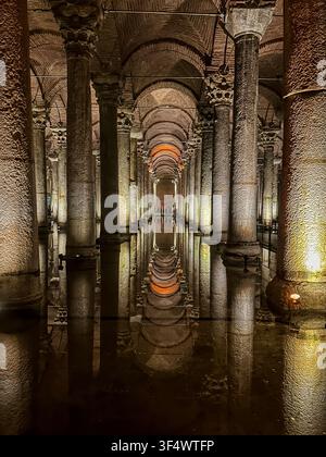 Forêt de colonnes à l'intérieur de la Citerne Basilique, Istanbul, Türkiye. Banque D'Images