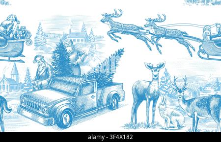 Motif sans couture Toile de Jouy de Noël. Scènes d'hiver avec nature et pins. Famille de cerfs et lapin blanc. Père Noël avec cadeaux et camionnette dans Illustration de Vecteur
