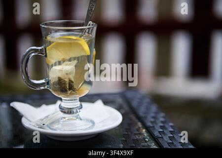 Thé chaud aux herbes en train d'être infusé dans une grande tasse en verre transparent avec une tranche de citron fraîche et une cuillère sur une soucoupe blanche, posée sur une surface de table sombre dans un coin confortable Banque D'Images