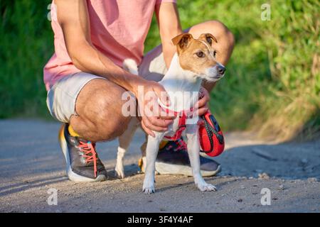 Un homme s'accroupit à côté d'un petit terrier et tient son harnais sur un sentier extérieur. Promenade du chien, soins aux animaux de compagnie et temps passé avec un animal de compagnie Banque D'Images