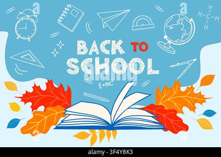 Livre dans une affiche pour la rentrée scolaire sur un fond de tableau bleu à la craie. Illustration vectorielle pour une campagne éducative, art mural de classe Illustration de Vecteur