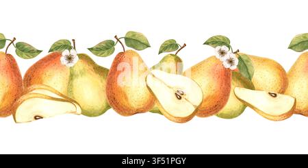 Poires avec fleurs et feuilles sur branche aquarelle bordure sans couture. Fond de fruits illustration dessinée à la main pour un design d'alimentation saine. Alimentation biologique Banque D'Images