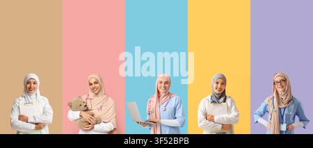 Groupe divers de cinq professionnelles de santé musulmanes souriantes portant des hijabs et des uniformes médicaux, chaque femme se tient devant un pastel différent Banque D'Images