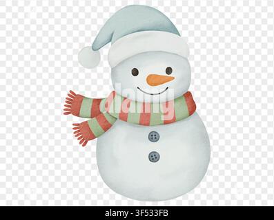 Aquarelle d'un mignon bonhomme de neige avec chapeau et écharpe, personnage de Noël hivernal souriant en vectoriel. Illustration de Vecteur