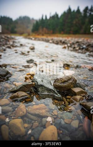 Ruisseau d'eau peu profonde sur la rive du lac Plastira, en Thessalie, Grèce Banque D'Images