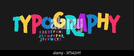 Police de typographie de carnaval, alphabet coloré de dessin animé, lettres groovy ludiques, caractères festifs joyeux pour un logo lumineux et heureux, titre de bande dessinée amusant, bondissant Illustration de Vecteur