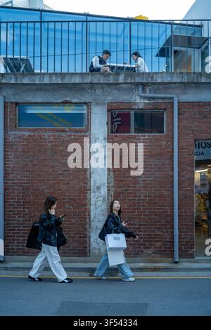 Deux femmes passant devant un bâtiment vintage en briques rouges à Seongsu-dong, Séoul. Banque D'Images