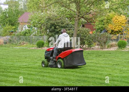 Un homme tond la pelouse devant une communauté de jardins ouvriers avec une tondeuse autoportée, Allemagne, Rhénanie-du-Nord-Westphalie, région de la Ruhr, Bochum Banque D'Images