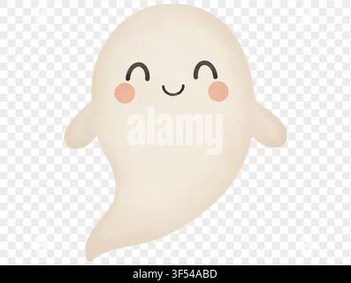 Mignon fantôme kawaii souriant, illustration vectorielle d'aquarelle de dessin animé d'Halloween effrayant. Illustration de Vecteur