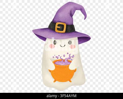 Fantôme aquarellé portant un chapeau de sorcière violet et tenant une casserole orange, art magique d'Halloween.vecteur Illustration de Vecteur