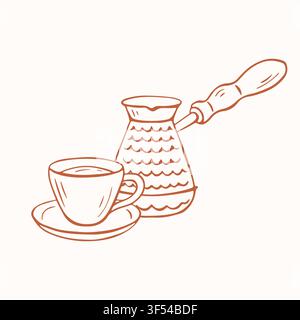 Cezve à café et tasse sur soucoupe en style minimaliste de lignes. Pot de brassage traditionnel et tasse de boisson. Icône de croquis de contour. Boisson de petit-déjeuner simple Illustration de Vecteur