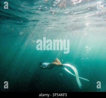 Plongée libre sous-marine, femme nageant avec de longues palmes blanches dans une mer turquoise claire entourée de rayons de soleil Banque D'Images
