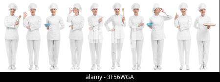 Chef cuisinier. Jeune femme en uniforme sur fond blanc, série de portraits Banque D'Images