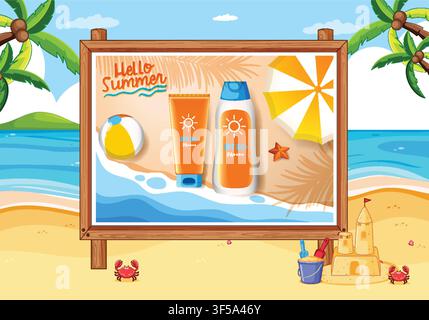 Illustration vectorielle vibrante de produits de protection solaire sur un panneau en bois d'une plage tropicale Illustration de Vecteur